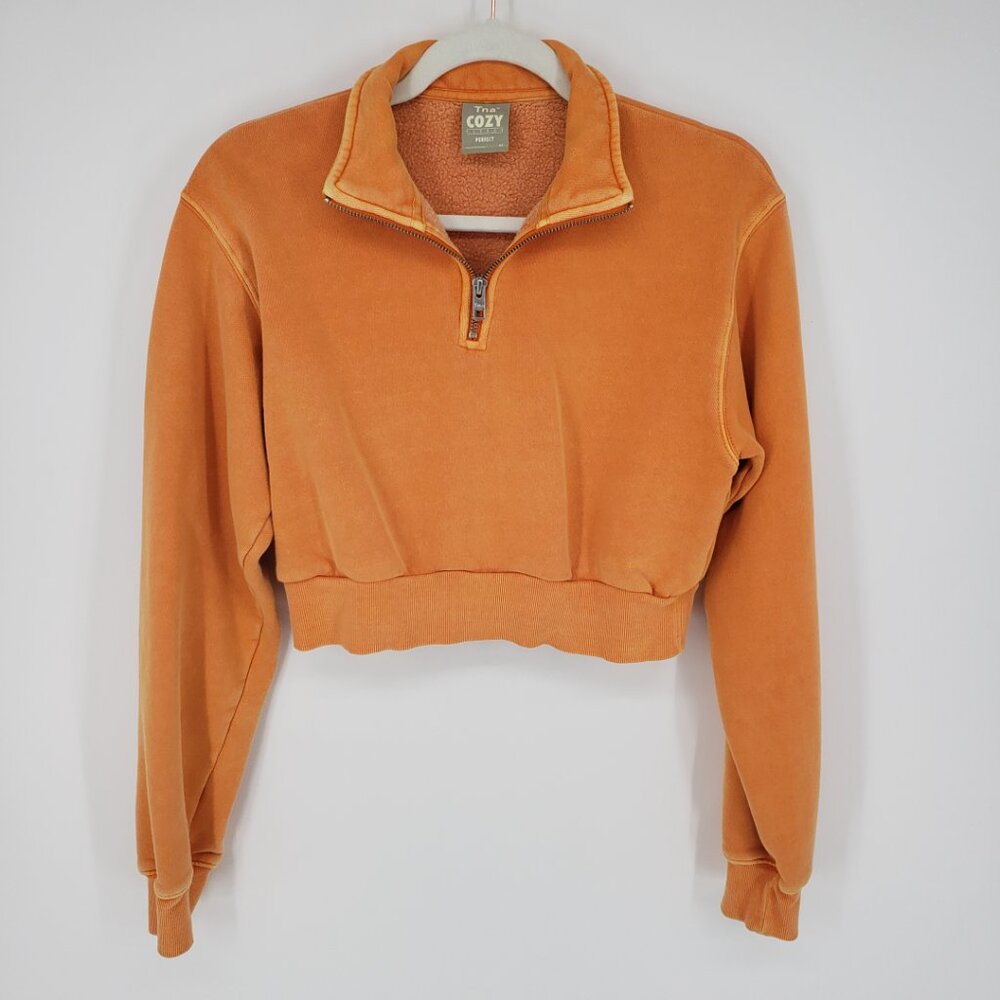 Aritzia Tna Cozy Fleece Perfect Cropped Quarter Zip Sweatshirt XS  Faded Orange